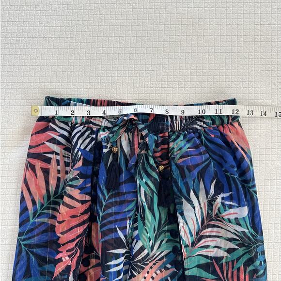 Tropical Leaf Print Boho Beach Lightweight Flowy Pants with Pom-Pom Trim Size S - Picture 7 of 11
